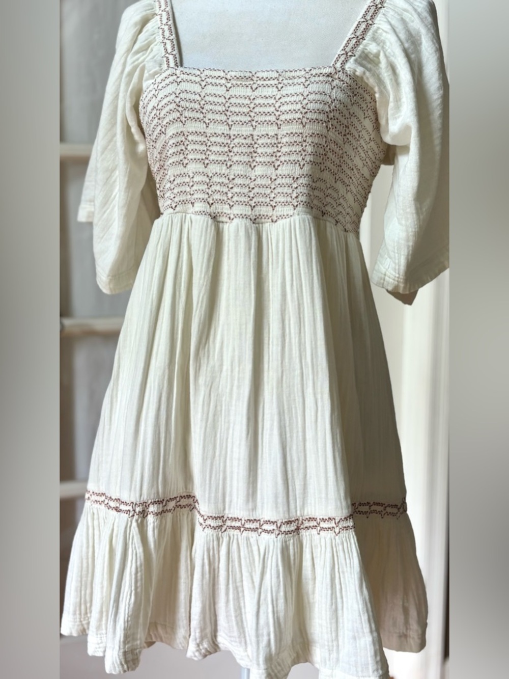 Free People Cream Smocked Babydoll Mini Dress Boho Tie Back Cotton M